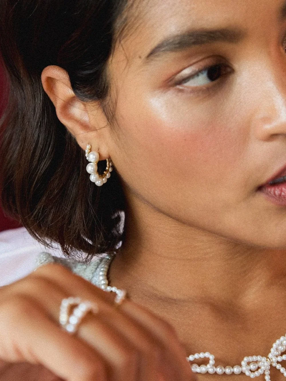 Daisy London Chunky Pearl Hoop Earrings 18ct Gold Plate, view 4