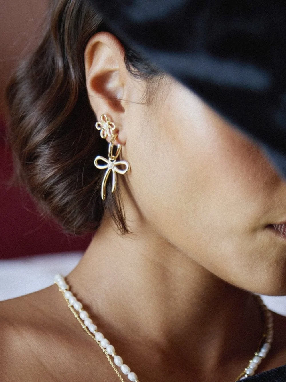 Daisy London Daisy Bow Stud Earrings 18ct Gold Plate, view 2