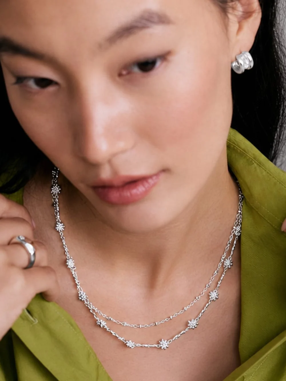Daisy London Daisy Chain Twist & Diamond Disc Necklace Layering Set Silver Plate, view 4