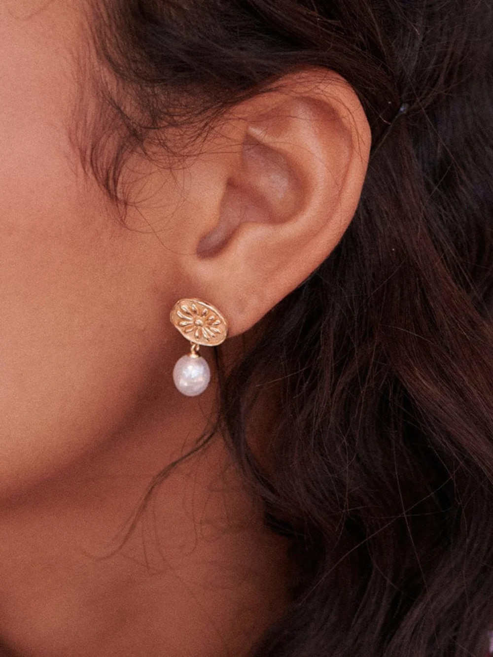Daisy London Daisy Pearl Drop Earrings 18ct Gold Plate, view 2