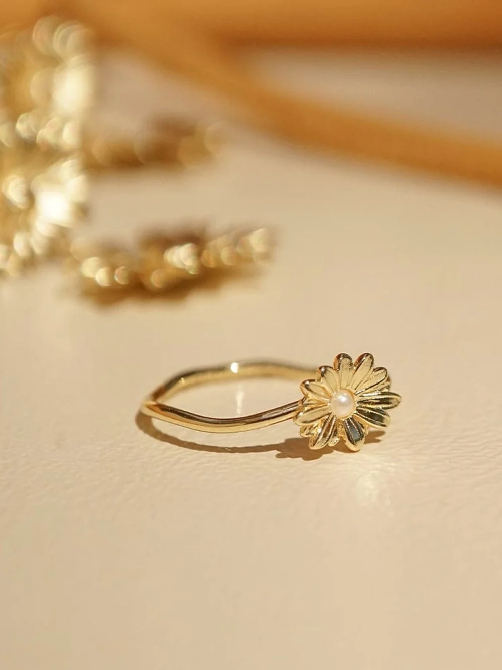 Daisy London Daisy Pearl Flower Ring 18ct Gold Plate, view 3