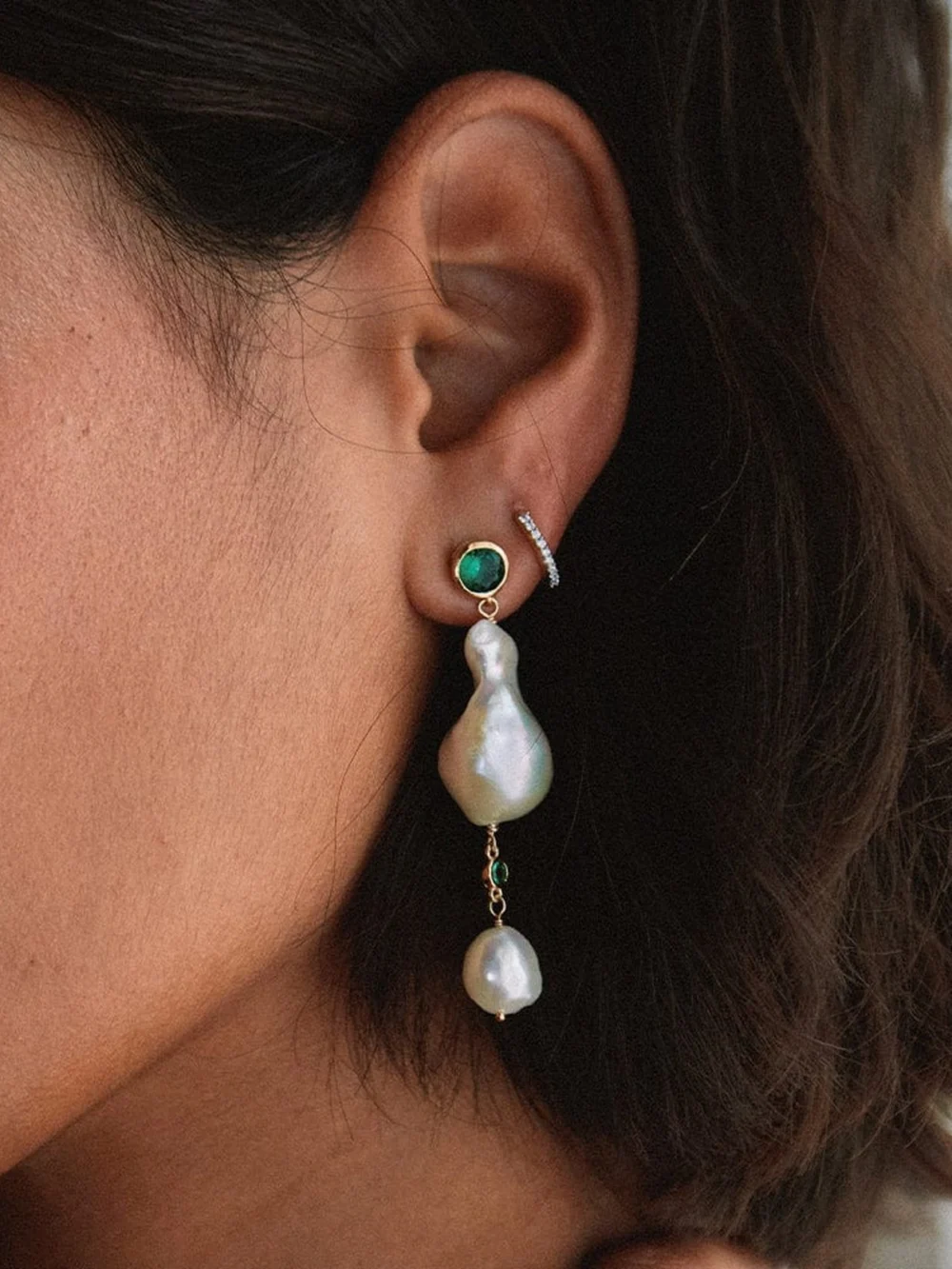 Daisy London Double Baroque Pearl Drop Earrings 18ct Gold Plate, view 2