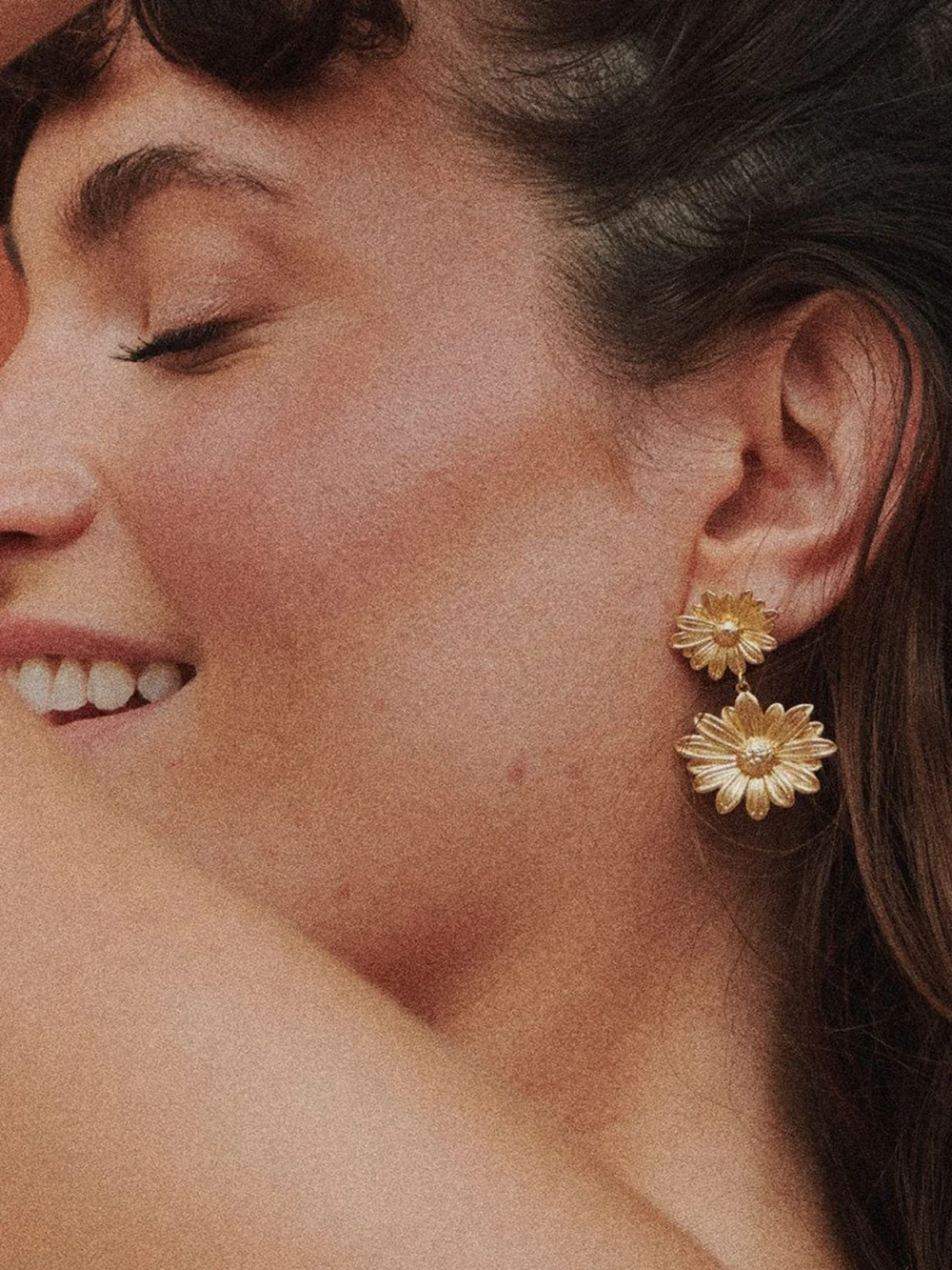 Daisy London Double Daisy Flower Earrings 18ct Gold Plate, view 2