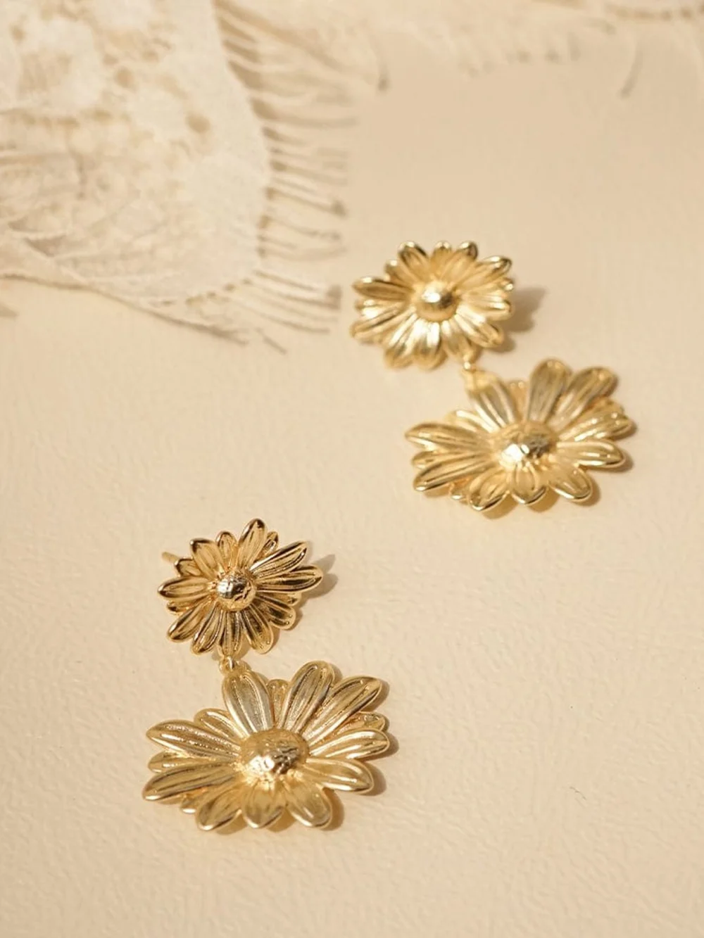 Daisy London Double Daisy Flower Earrings 18ct Gold Plate, view 3