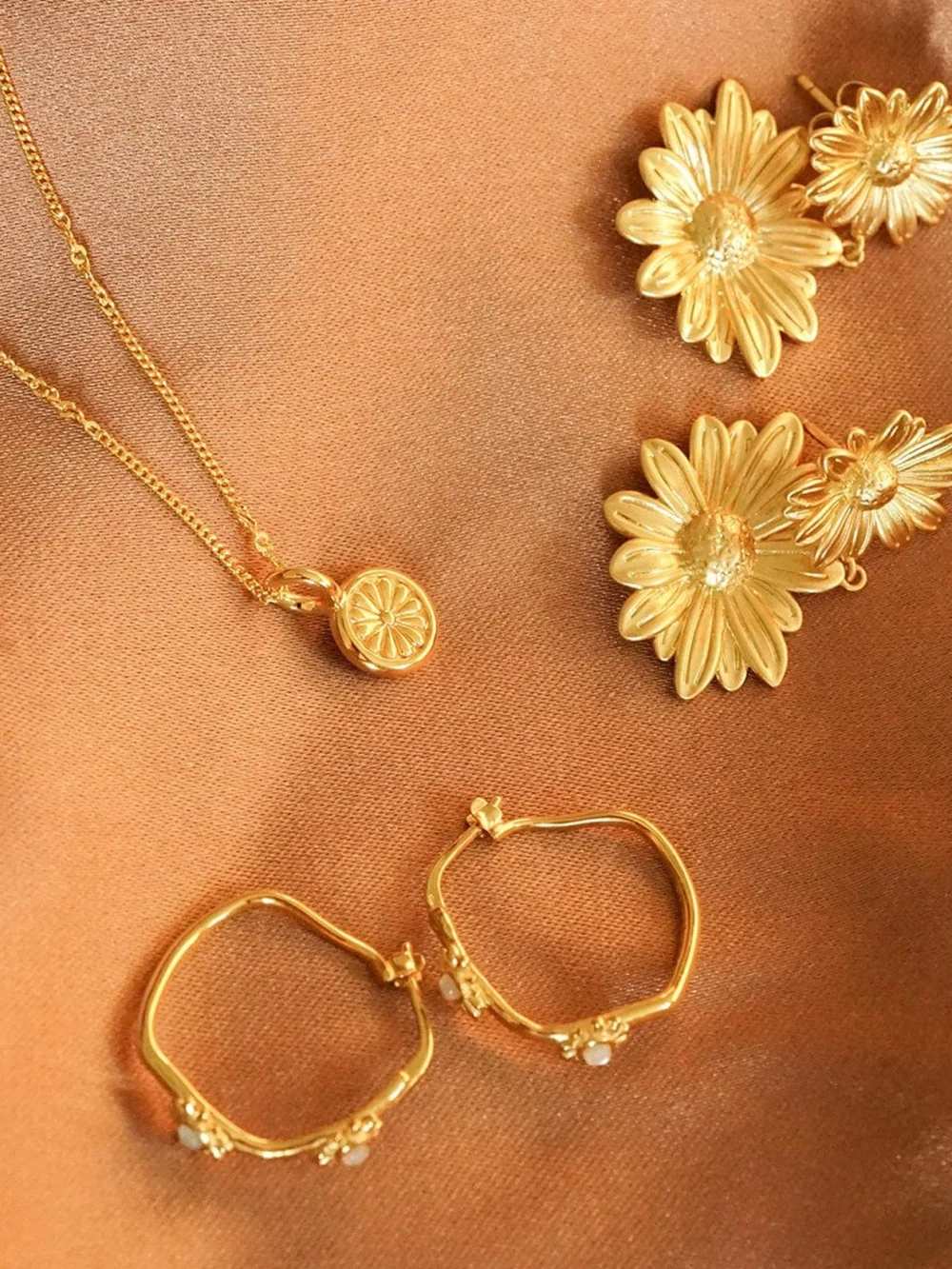 Daisy London Double Daisy Flower Earrings 18ct Gold Plate, view 5
