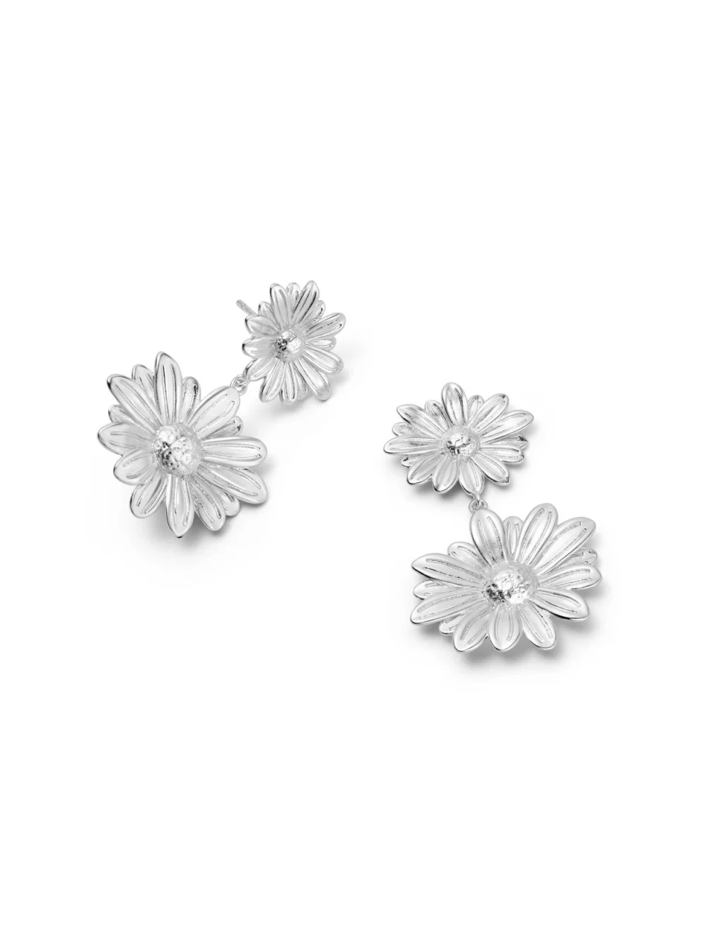 Daisy London Double Daisy Flower Earrings Silver Plate