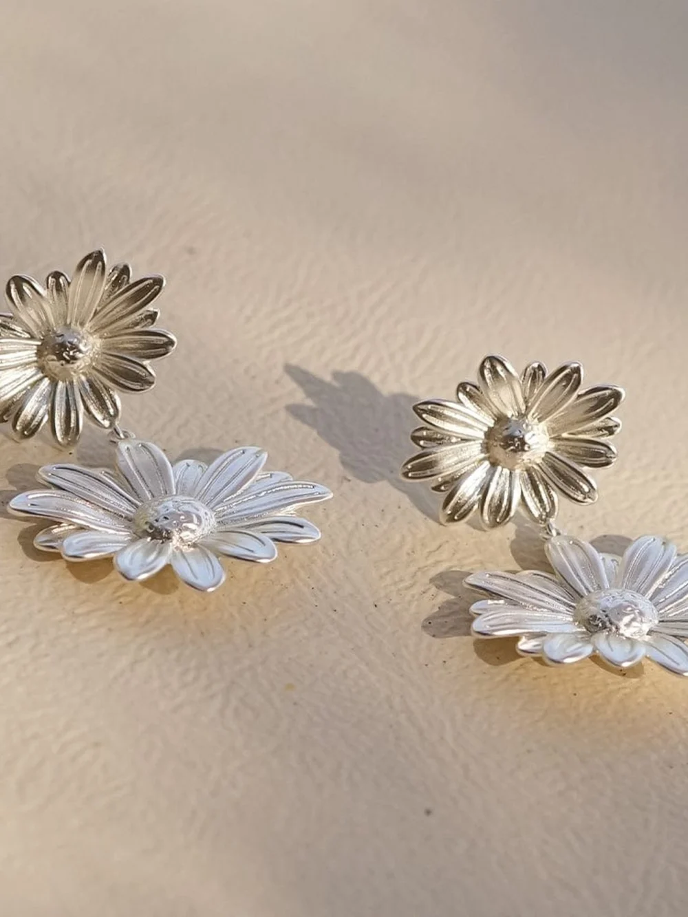 Daisy London Double Daisy Flower Earrings Silver Plate, view 2