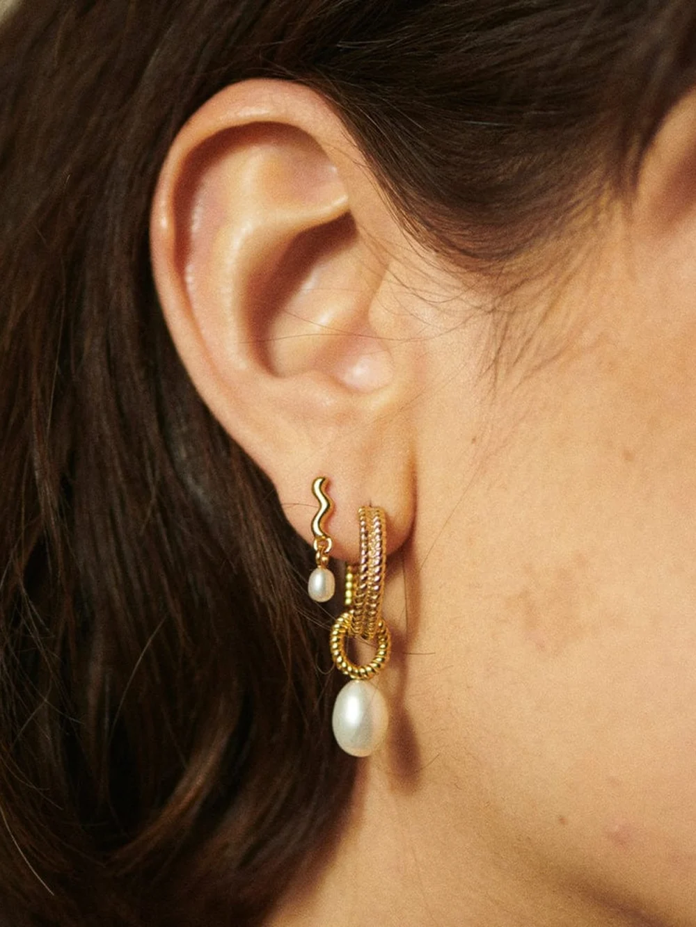 Daisy London Double Rope Pearl Drop Earrings 18ct Gold Plate, view 2