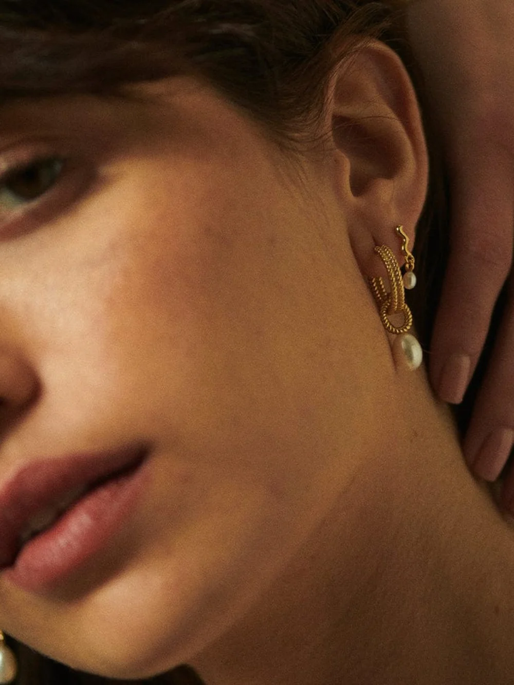 Daisy London Double Rope Pearl Drop Earrings 18ct Gold Plate, view 6