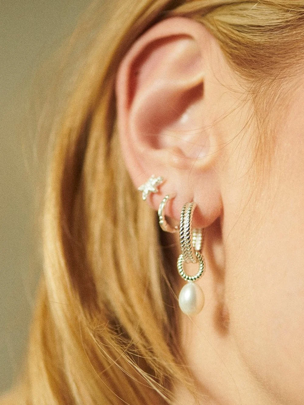 Daisy London Double Rope Pearl Drop Earrings Sterling Silver, view 2