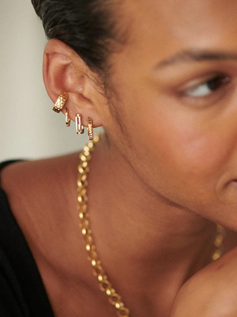 Daisy London Double Square Huggie Hoop Earrings 18ct Gold Plate, view 4