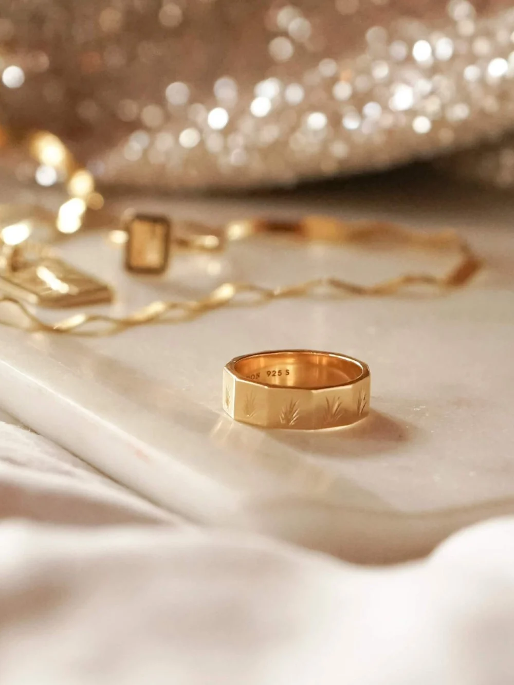 Daisy London Engraved Geometric Band Ring 18ct Gold Plate, view 3