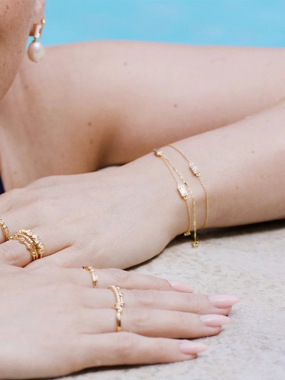 Daisy London Estée Lalonde Fine Baguette Sapphire Station Bracelet 14ct Solid Gold, view 4