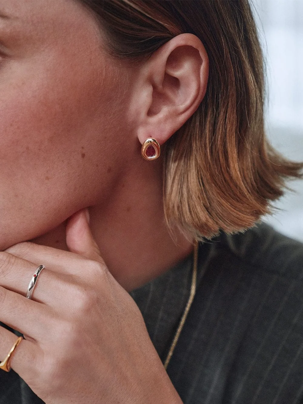 Daisy London Estée Lalonde Garnet Teardrop Studs 18ct Gold Plate, view 2