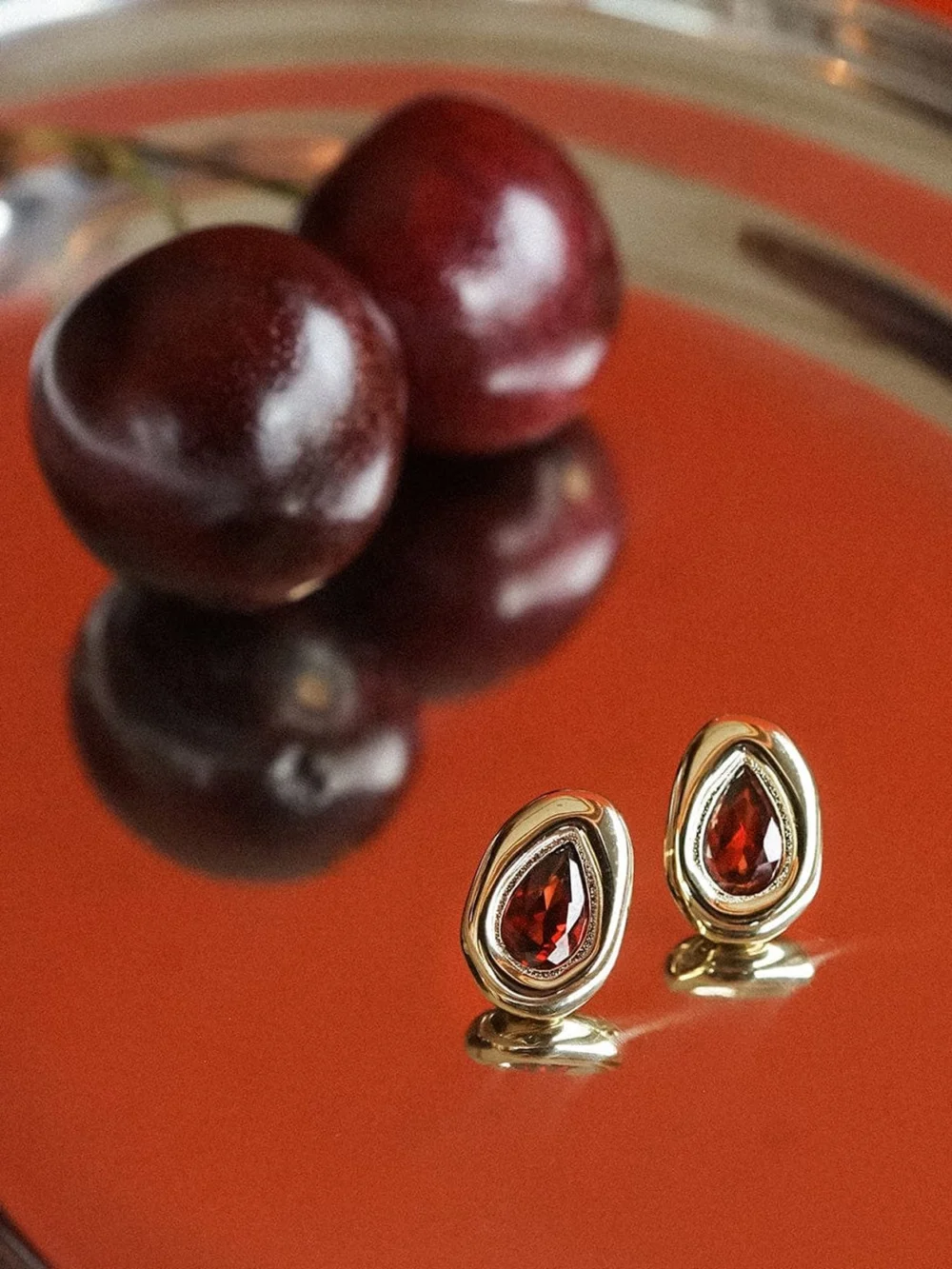 Daisy London Estée Lalonde Garnet Teardrop Studs 18ct Gold Plate, view 3