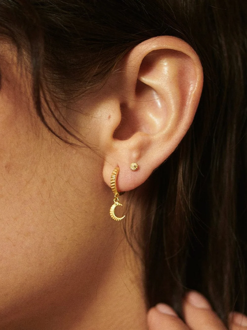 Daisy London Estée Lalonde Luna Huggie Charm Earrings 18ct Gold Plate, view 2