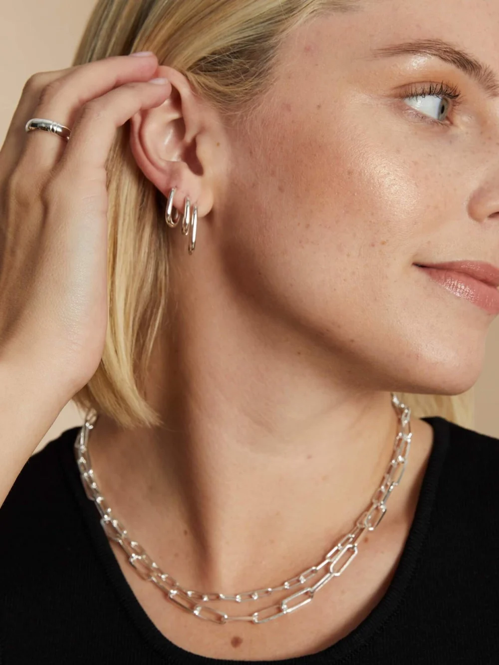 Daisy London Estée Lalonde Mini Square Hoop Earrings Sterling Silver, view 2