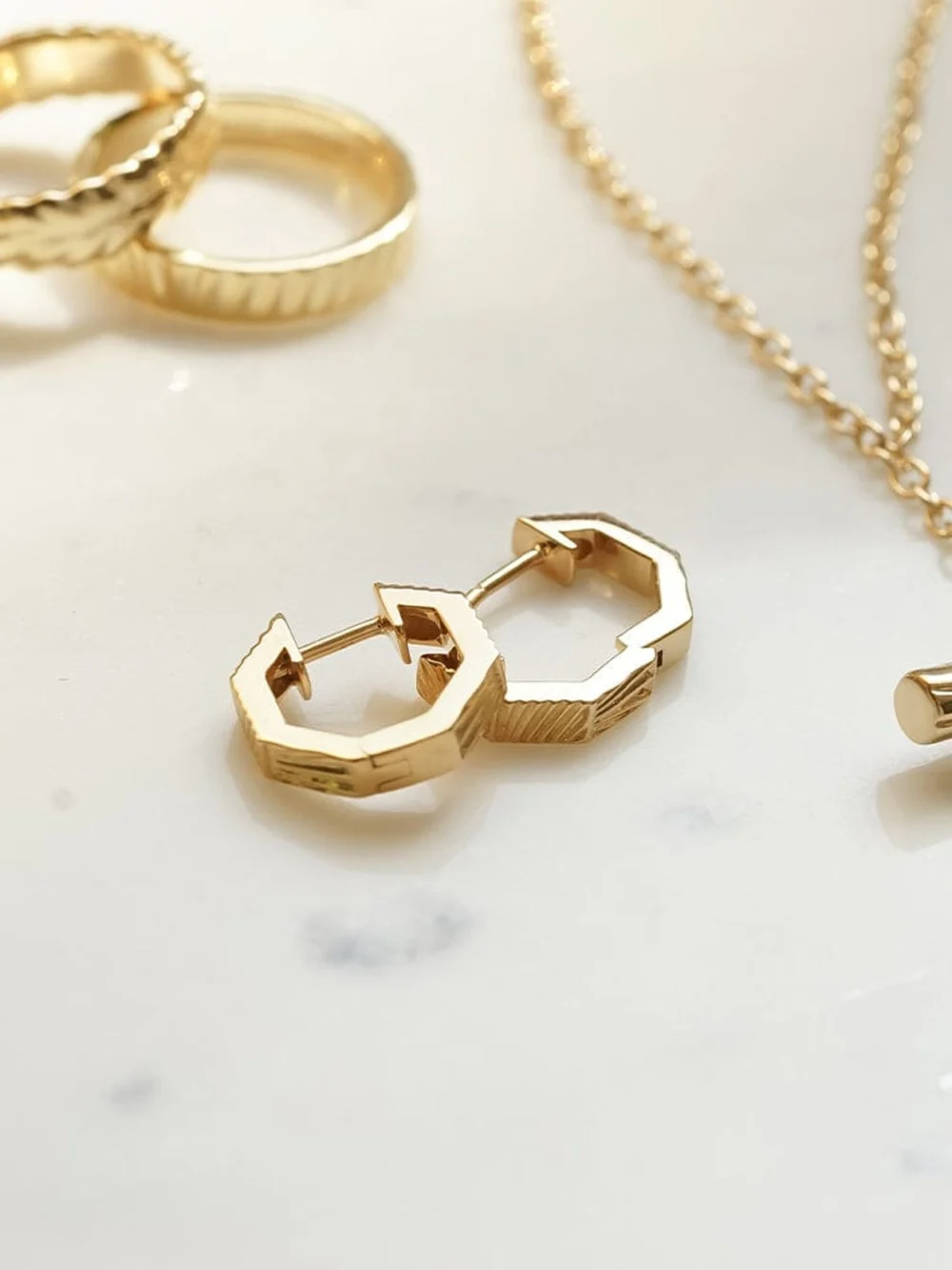 Daisy London Estée Lalonde Octagonal Huggie Hoop Earrings 18ct Gold Plate, view 3