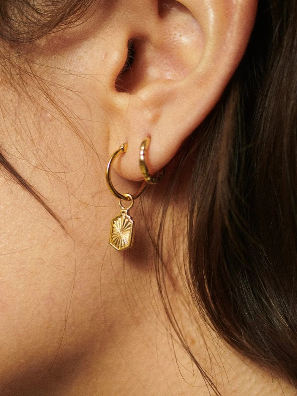 Daisy London Estée Lalonde Sunburst Shield Charm Earrings 18ct Gold Plate, view 2