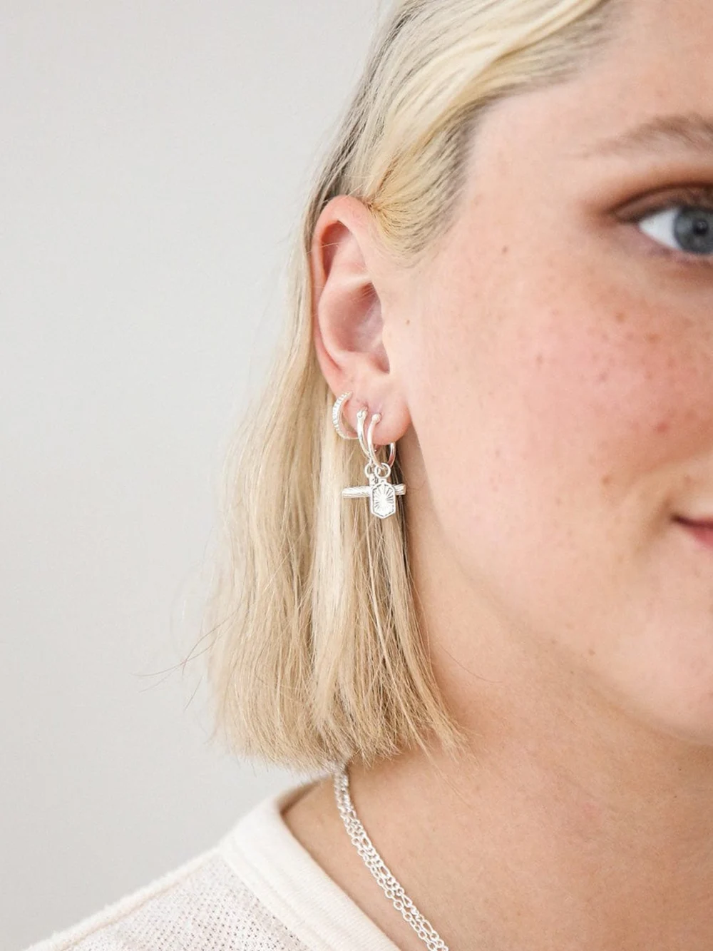 Daisy London Estée Lalonde T Bar Charm Earrings Sterling Silver, view 3