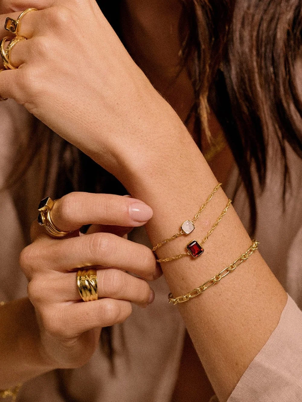 Daisy London Garnet January Birthstone Charm Bracelet 18ct Gold Plate, view 2