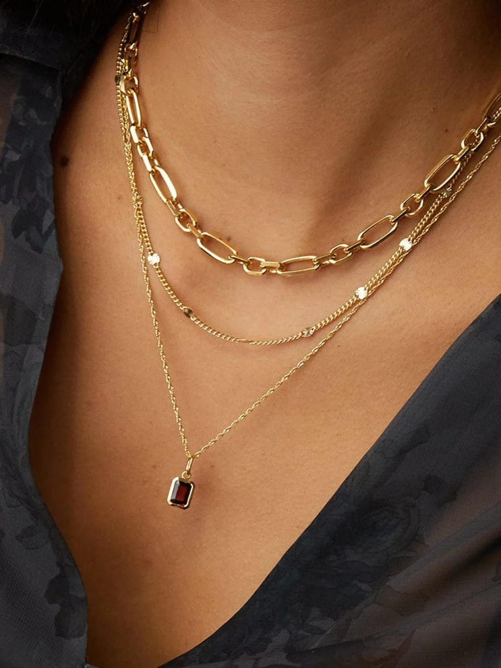 Daisy London Garnet January Birthstone Charm Necklace 18ct Gold Plate, view 2