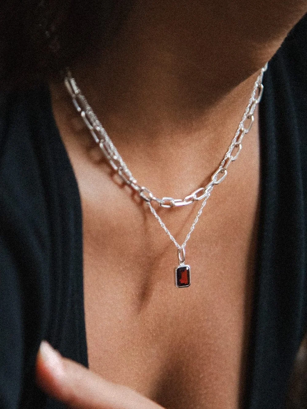Daisy London Garnet January Birthstone Charm Necklace Sterling Silver, view 2