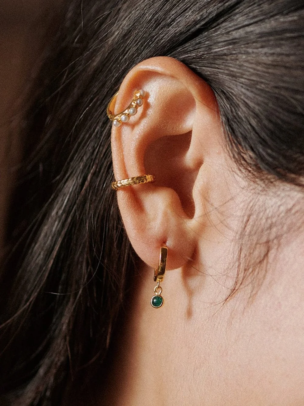 Daisy London Green Aventurine Healing Huggie Hoop Earrings 18ct Gold Plate, view 2
