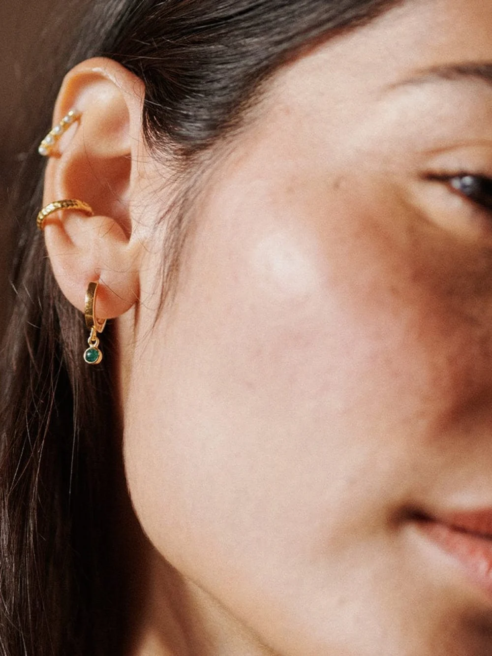 Daisy London Green Aventurine Healing Huggie Hoop Earrings 18ct Gold Plate, view 4