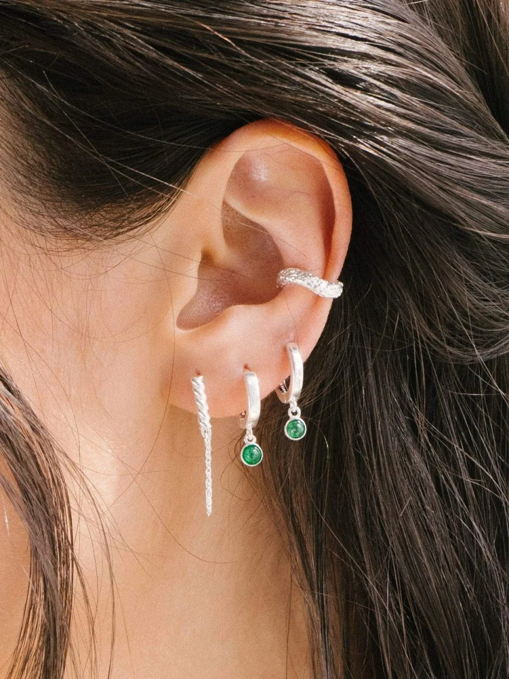 Daisy London Green Aventurine Healing Huggie Hoop Earringss Sterling Silver, view 2