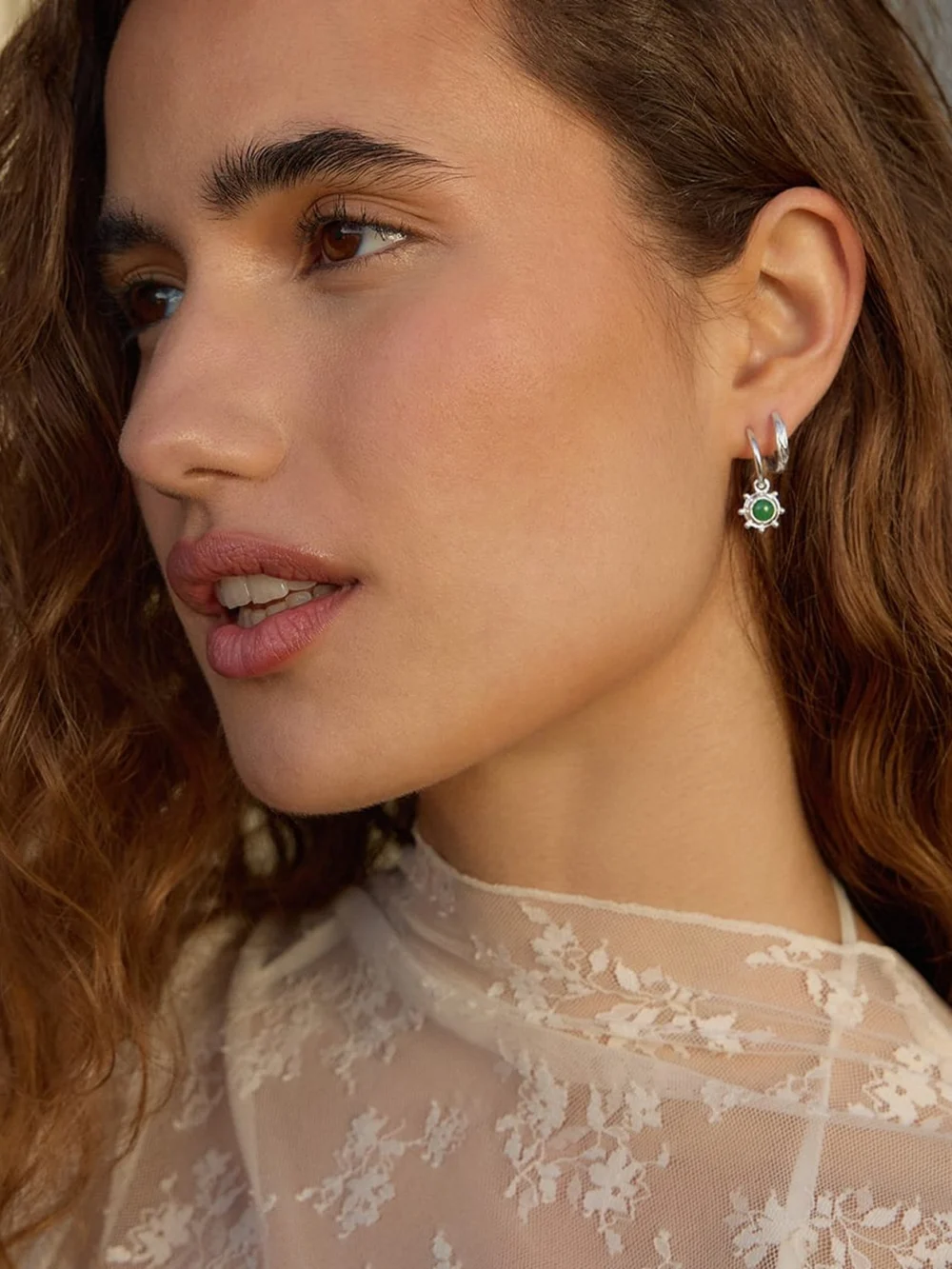 Daisy London Green Aventurine Healing Stone Charm Earrings Sterling Silver, view 3