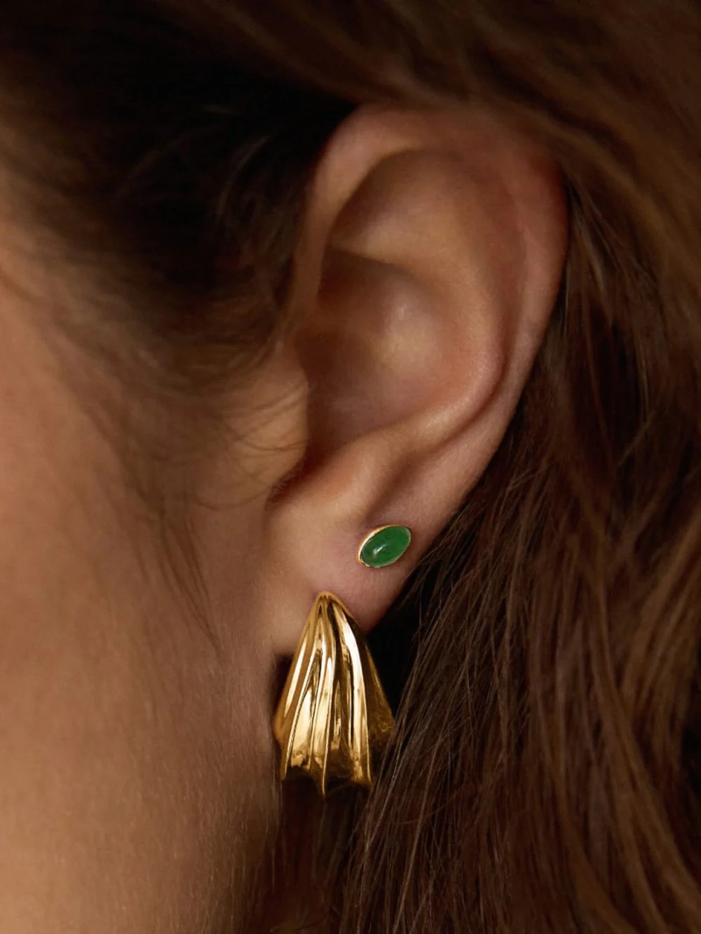 Daisy London Green Aventurine Oval Stud Earrings 18ct Gold Plate, view 2