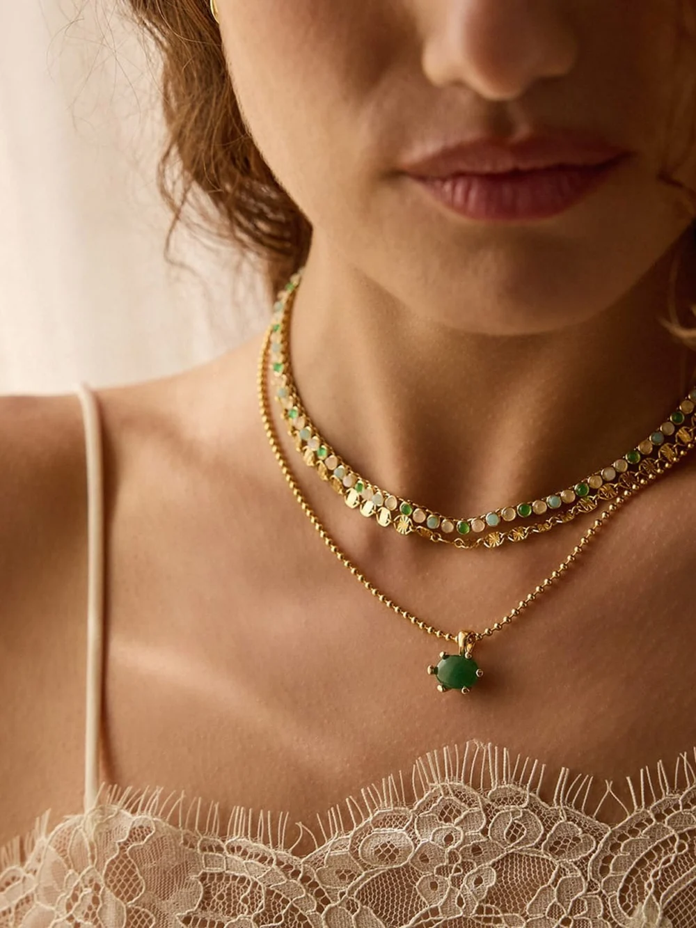 Daisy London Green Aventurine Pendant Necklace 18ct Gold Plate, view 4