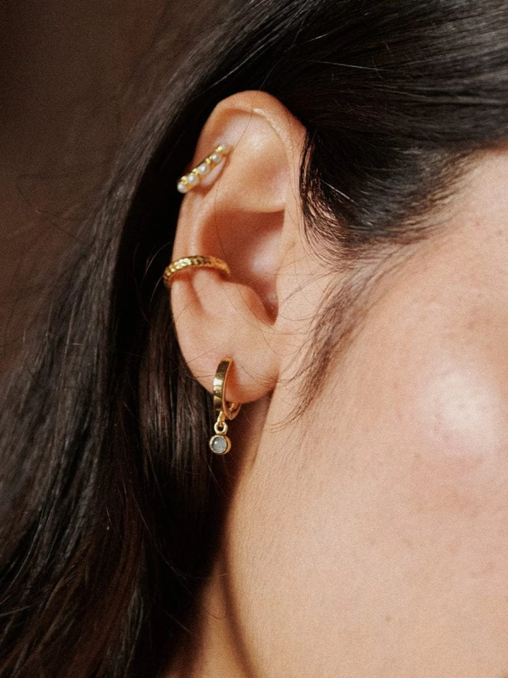 Daisy London Labradorite Healing Huggie Hoop Earrings 18ct Gold Plate, view 2