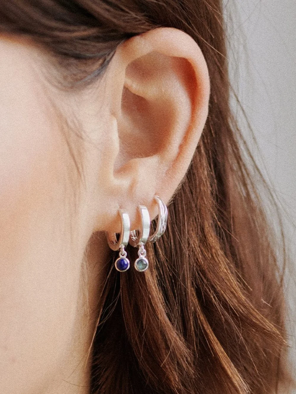 Daisy London Labradorite Healing Huggie Hoop Earrings Sterling Silver, view 2