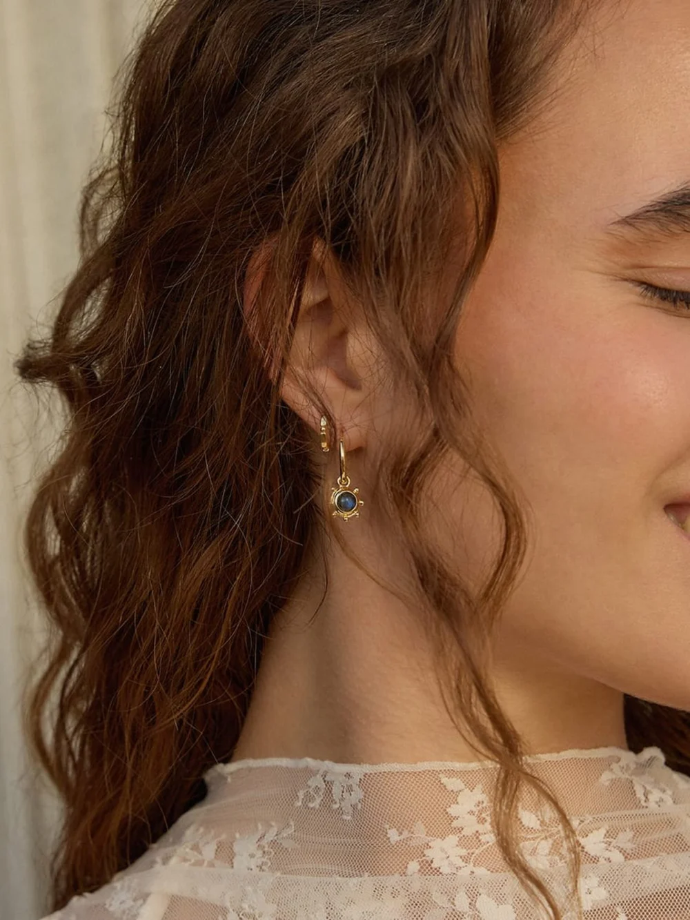 Daisy London Labradorite Healing Stone Charm Earrings 18ct Gold Plate, view 4