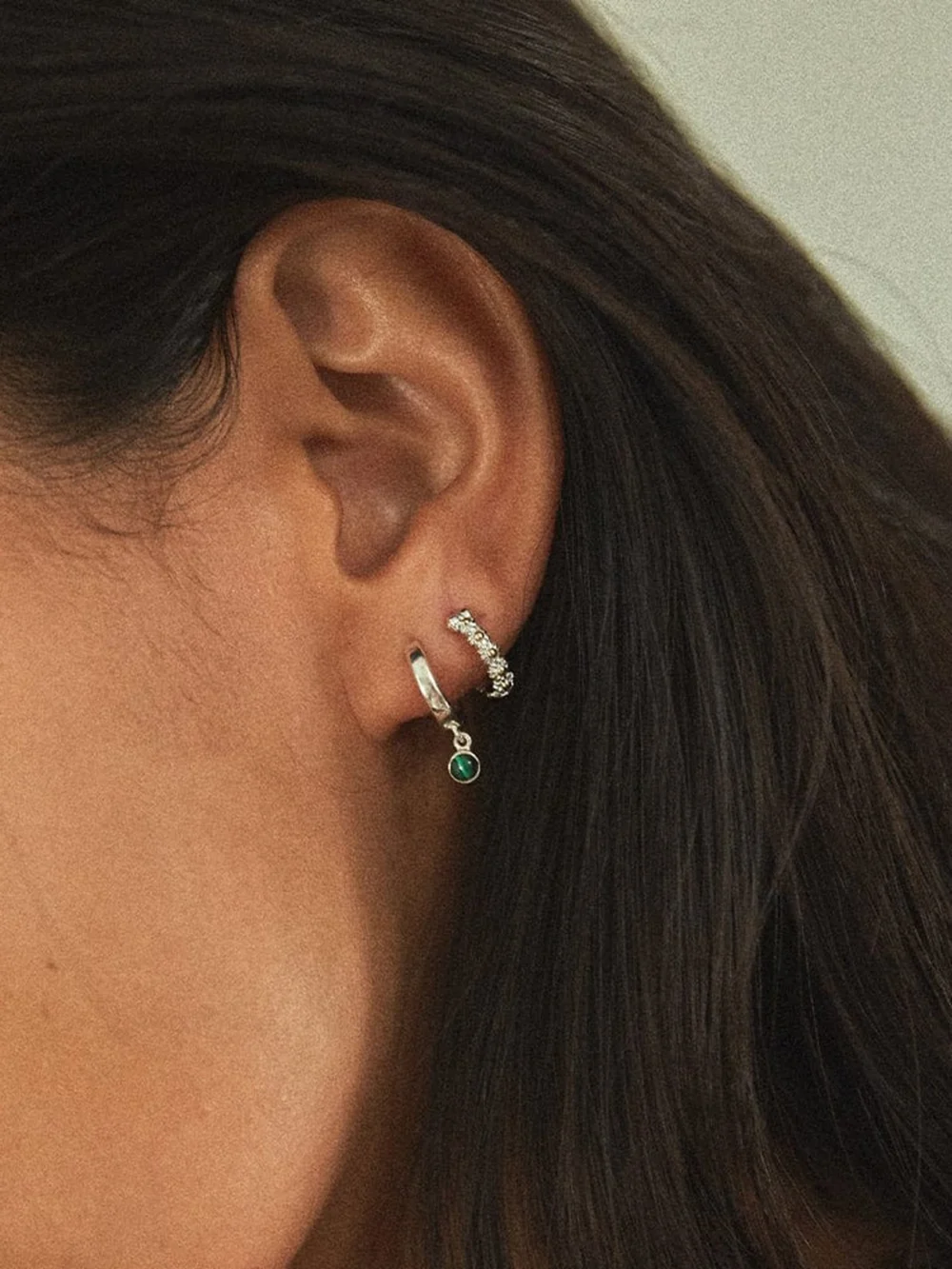 Daisy London Malachite Healing Huggie Hoop Earrings Sterling Silver, view 2