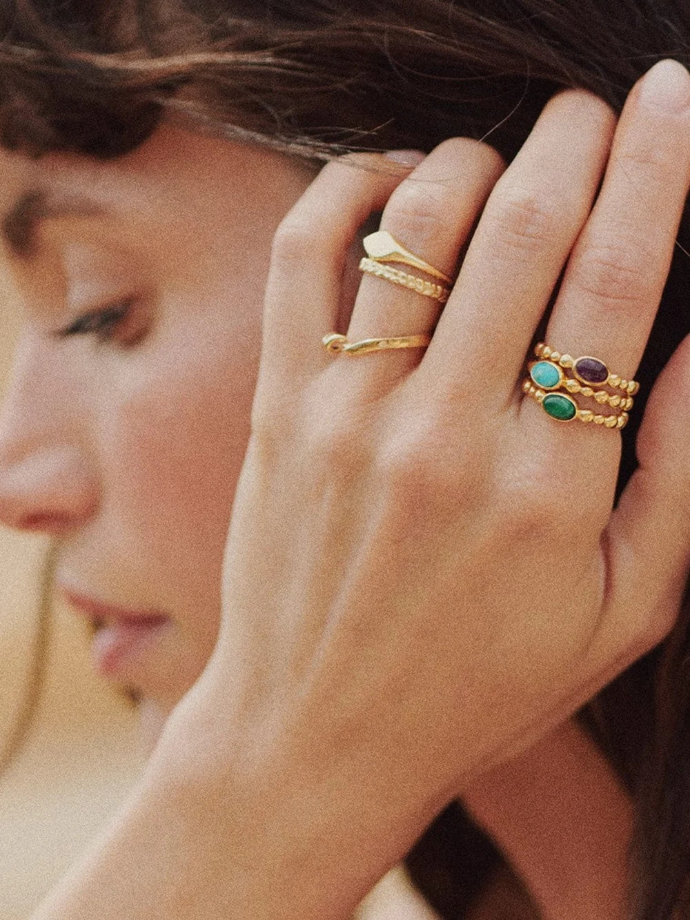 Daisy London Malachite Healing Stone Bobble Ring 18ct Gold Plate, view 2