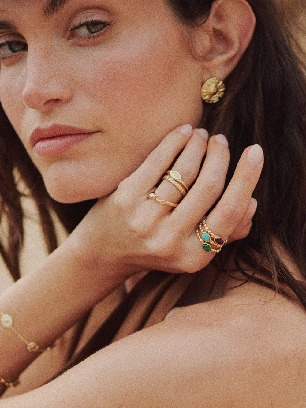 Daisy London Malachite Healing Stone Bobble Ring 18ct Gold Plate, view 4