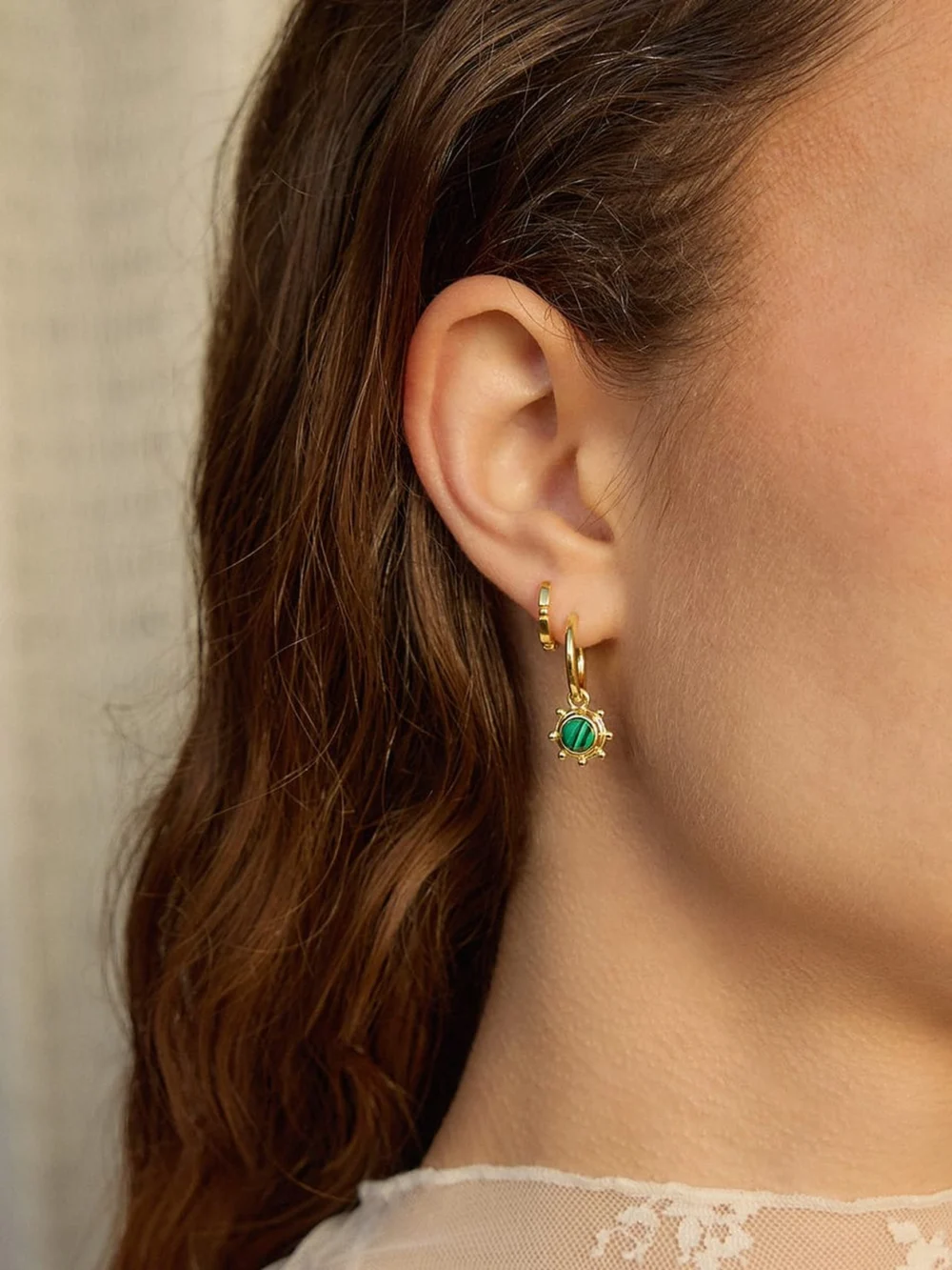 Daisy London Malachite Healing Stone Charm Earrings 18ct Gold Plate, view 2