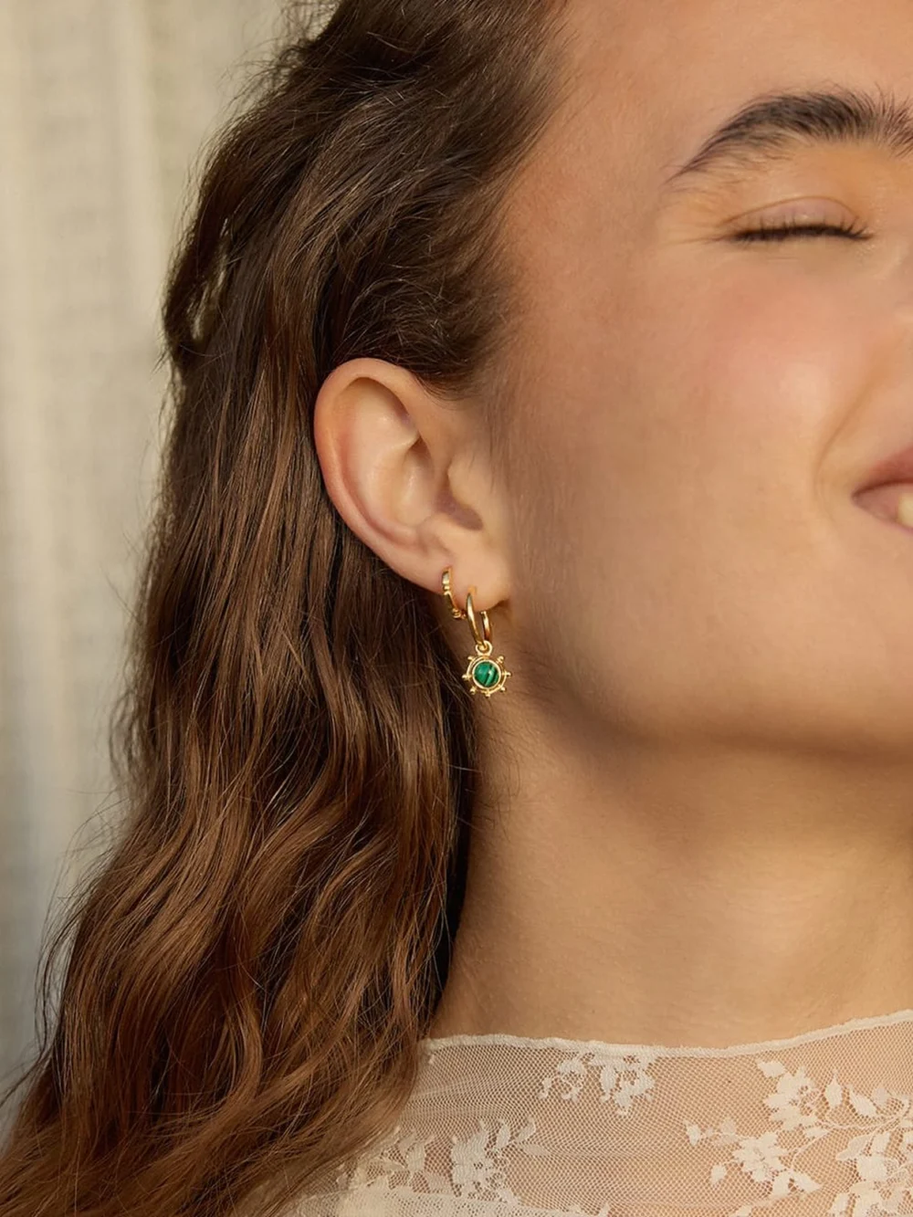 Daisy London Malachite Healing Stone Charm Earrings 18ct Gold Plate, view 4