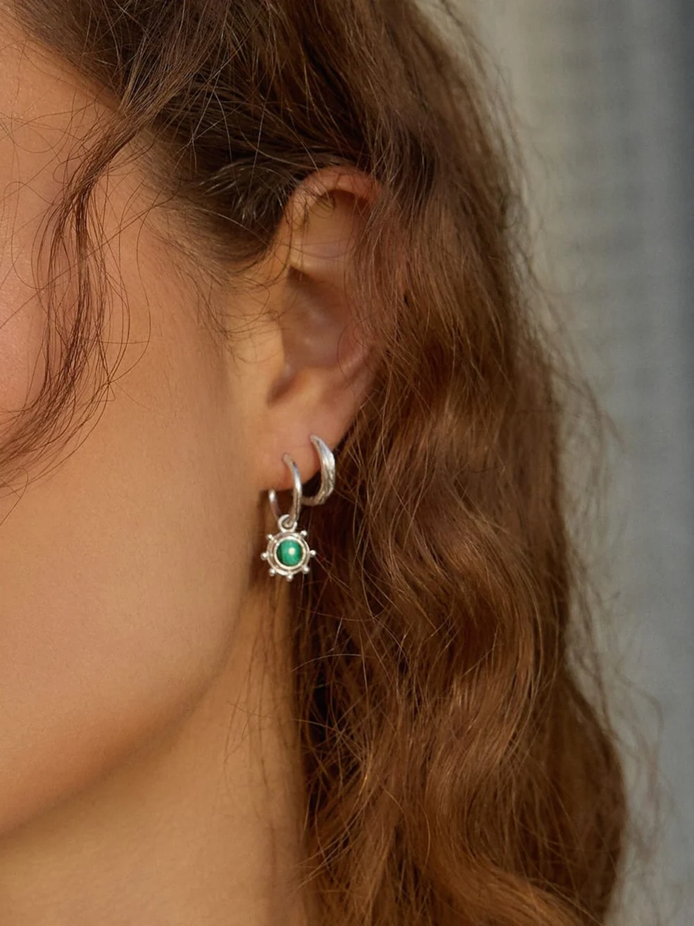 Daisy London Malachite Healing Stone Charm Earrings Sterling Silver, view 2