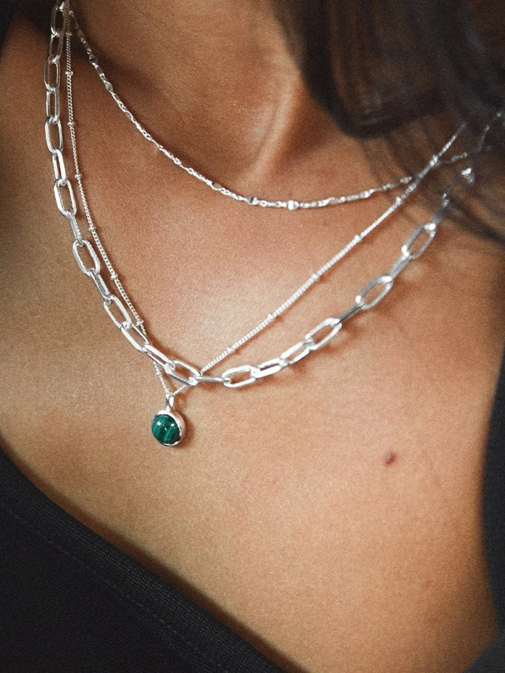 Daisy London Malachite Healing Stone Necklace Sterling Silver, view 2