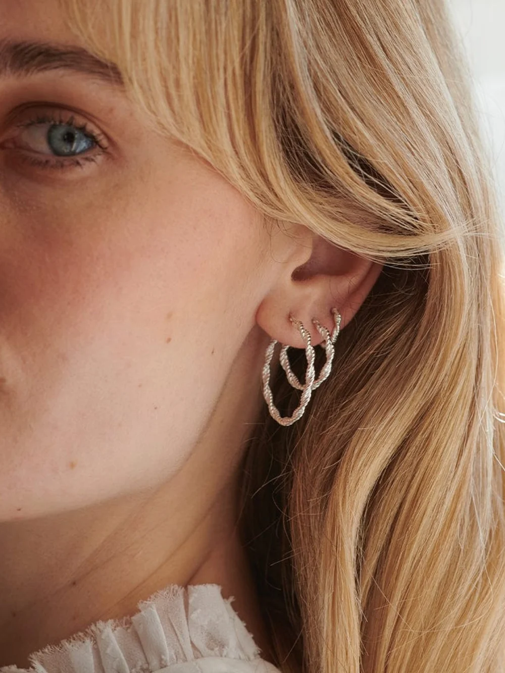 Daisy London Midi Rope Twist Hoop Earrings Sterling Silver, view 4
