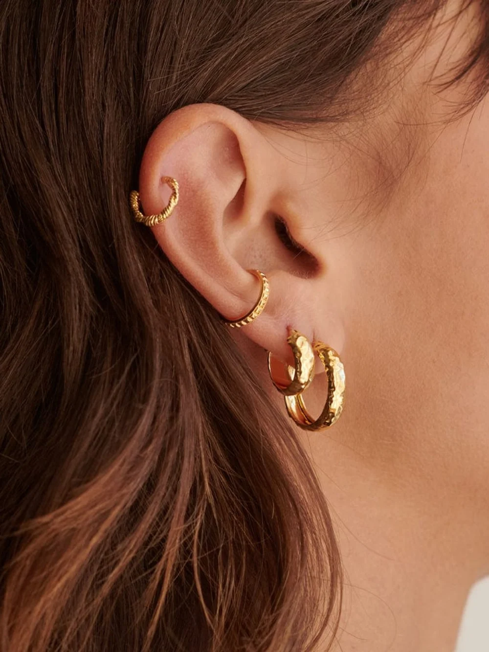 Daisy London Midi Textured Hoop Earrings 18ct Gold Plate, view 2
