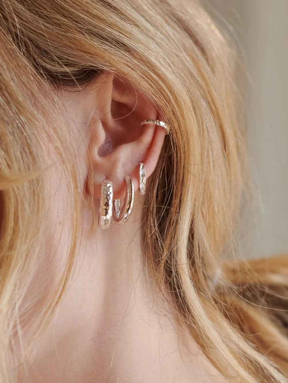 Daisy London Midi Textured Hoop Earrings Sterling Silver, view 2
