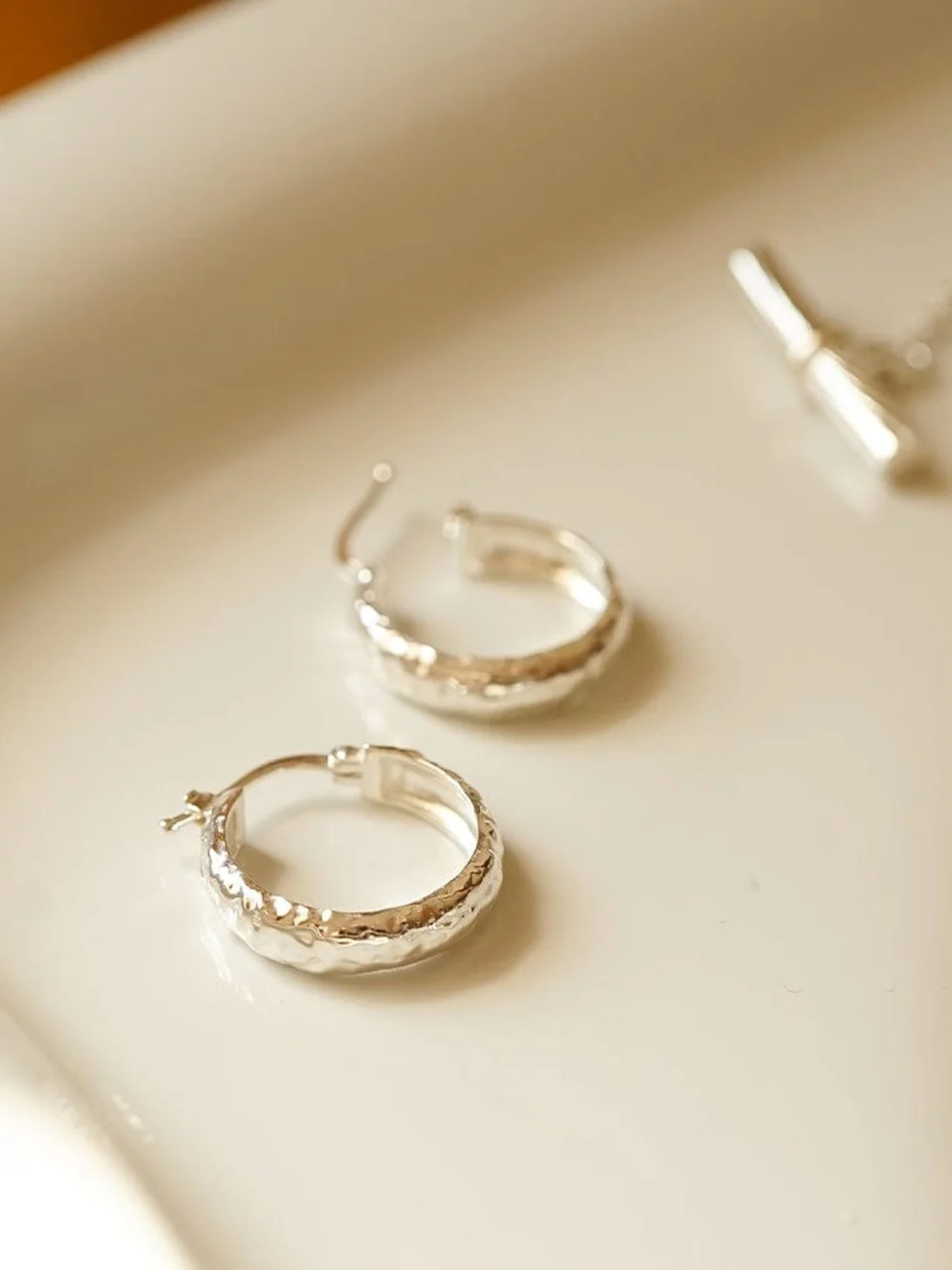 Daisy London Midi Textured Hoop Earrings Sterling Silver, view 3