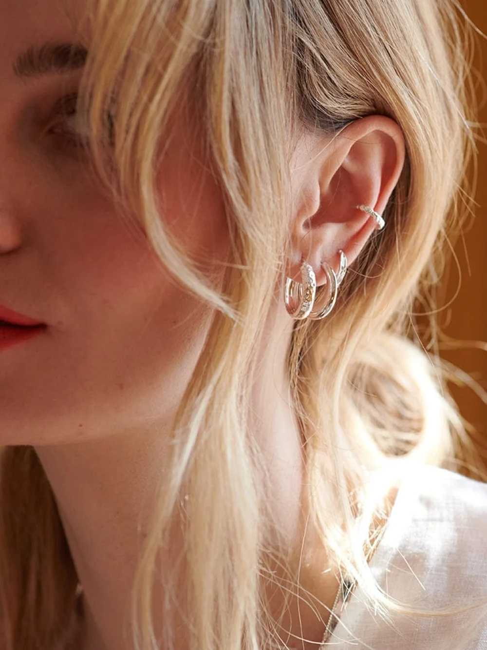 Daisy London Midi Textured Hoop Earrings Sterling Silver, view 4