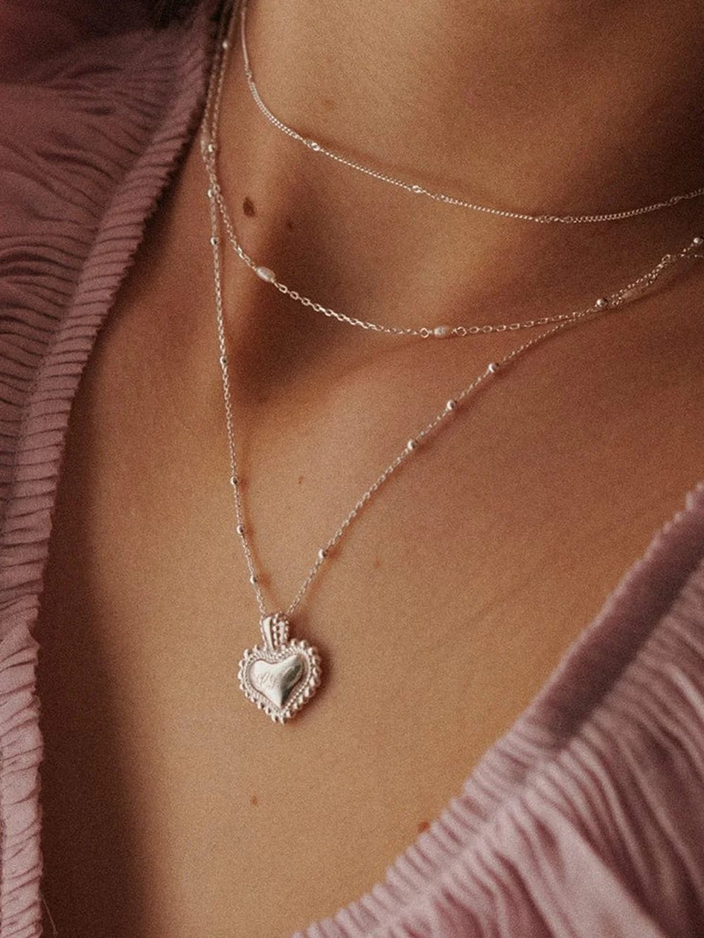 Daisy London Mini Engravable Bobble Heart Necklace Sterling Silver, view 2