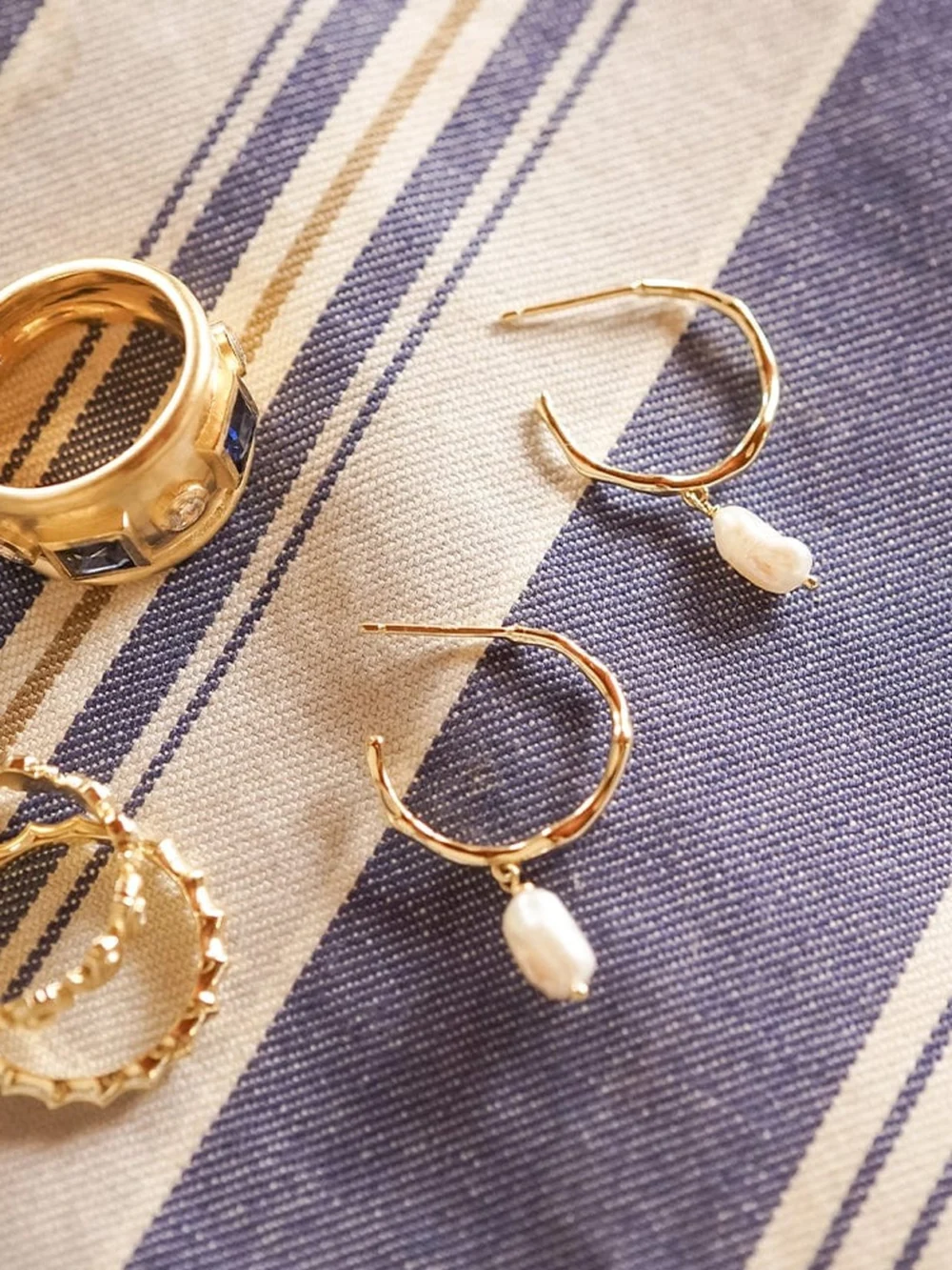 Daisy London Organic Hoop Pearl Drop Earrings 18ct Gold Plate, view 3